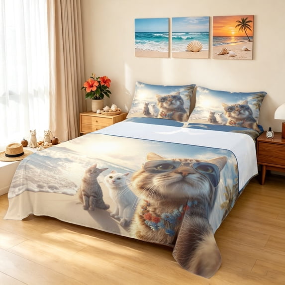 Manfei Beach Cat Queen Sheets, Seaside Palm Botanical Queen Sheet Sets, Sky Blue, 4-Piece, 1 Flat Sheet, 1 Fitted Sheet and 2 Pillowcases