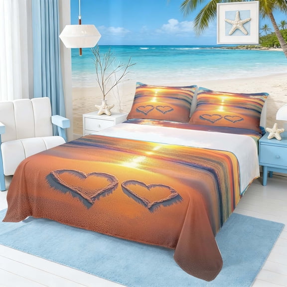 Manfei Beach Double Heart Sunset Wave Full Size Sheets for Kids Boys and Girls, Romantic Coastal Print Bed Sheets 4pcs, 1 Flat Sheet, 1 Fitted Sheet and 2 Pillowcases