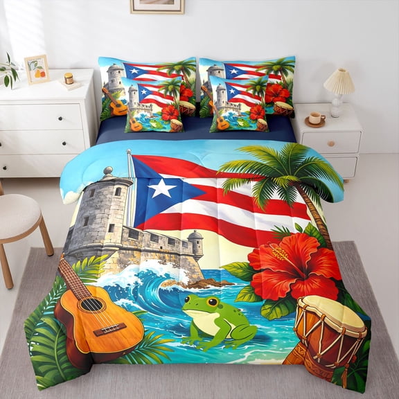 Manfei Beach Hibiscus Guitar 7-Piece Twin Bedding,Vintage Puerto Rico Flag Bedding Comforter Set,Red Green Blue,Navy Blue Reversible