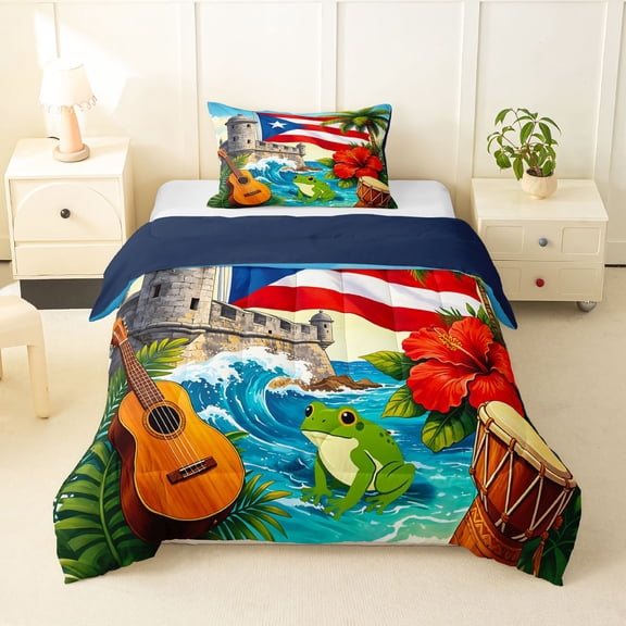 Manfei Beach Hibiscus Guitar Twin Comforter Sets,Vintage Puerto Rico Flag Bedding Set,Red Green Blue,Navy Blue Reversible,2-Piece,1 Comforter and 1 Pillowcase