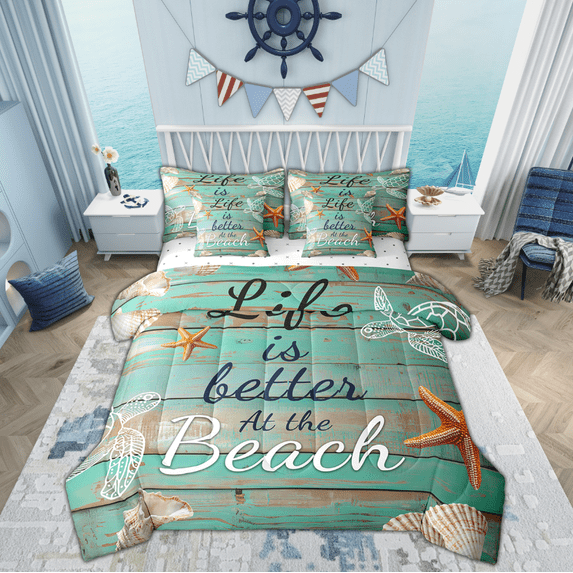 Manfei Beach Marine Bedding Twin Size, Lodge Cabin Bedding Sets Twin Size, Seashell Starfish Reversible Comforter Sets with Sheets, Breathable Bedroom Decorative, 7pcs