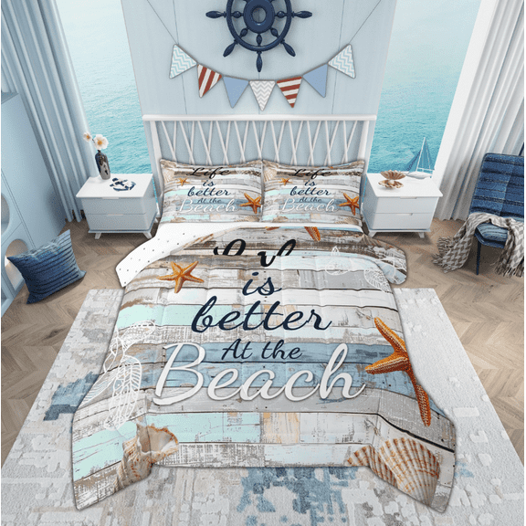 Manfei Beach Marine Comforter Sets Twin Size, Lodge Cabin Comforters & Duvets, Seashell Starfish Reversible Bedding Twin Comforter Set, Lightweight Bedroom Decorative, 2pcs