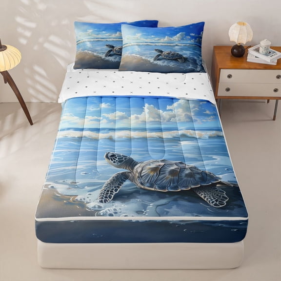 Manfei Beach Ocean Sea Turtle Zipper Twin Comforter Sets with Fitted Sheet and 2 Pillowcases for Kids Boys and Girls, Coastal Animal Zipper Bedding Set, Reversible, 4pcs