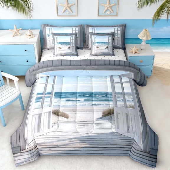 Manfei Beach Ocean Twin Bedding Sets for Kids Boys and Girls, Coastal Beach Bedding Comforter Set, Reversible 7 Pieces