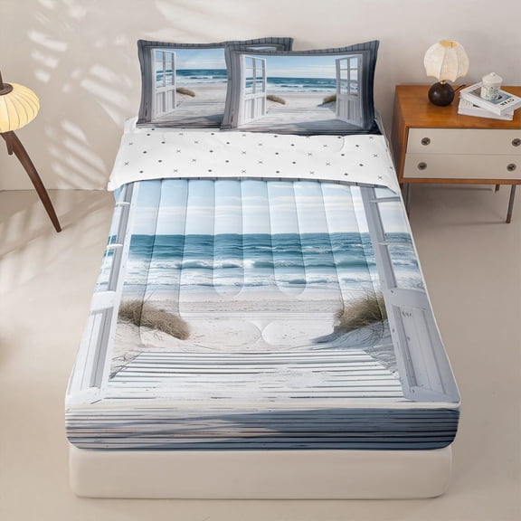 Manfei Beach Ocean Zipper Twin Comforter Sets with Fitted Sheet and 2 Pillowcases for Kids Boys and Girls, Coastal Beach Zipper Bedding Set, Reversible, 4-Piece
