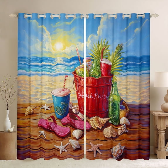 Manfei Beach Resort Print Kitchen Curtains,Pretty Sand Print Black Out Curtains Pack of 2 (42x63 Each),Brown Blue