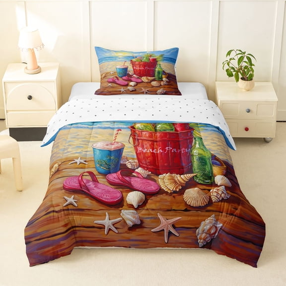 Manfei Beach Resort Print Twin Comforter Sets,Pretty Sand Print Bedding Set,Brown Blue,Reversible,2 Pieces,1 Comforter and 1 Pillowcase
