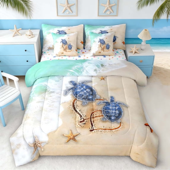Manfei Beach Sea Turtle Twin Bedding Sets for Kids Boys and Girls, Romantic Coastal Print Bedding Comforter Set, Stars Reversible 7pcs