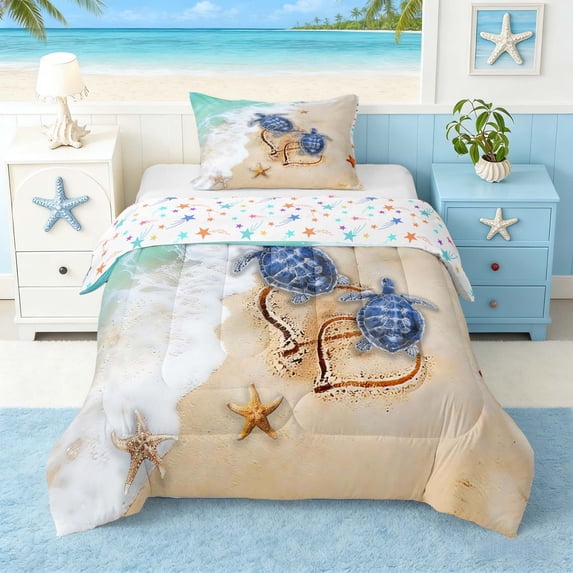 Manfei Beach Sea Turtle Twin Comforter Sets for Kids Boys and Girls, Romantic Coastal Print Bedding Set, Stars Reversible 2pcs, 1 Comforter and 1 Pillowcase