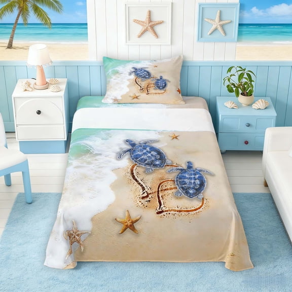 Manfei Beach Sea Turtle Twin Sheet Sets for Kids Boys and Girls, Romantic Coastal Print Bedding 3pcs, 1 Flat Sheet, 1 Fitted Sheet and 1 Pillowcase