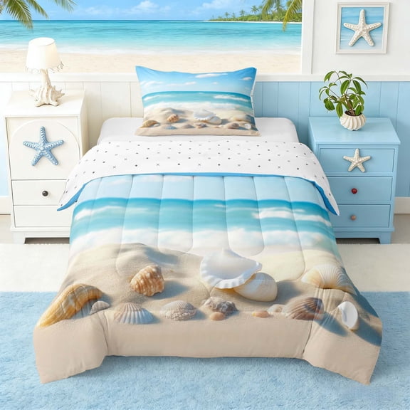 Manfei Beach Seashell Ocean Wave Twin Comforter Sets for Kids Boys and Girls, Coastal Nautical Print Bedding Set, Reversible 2 Pieces, 1 Comforter and 1 Pillowcase
