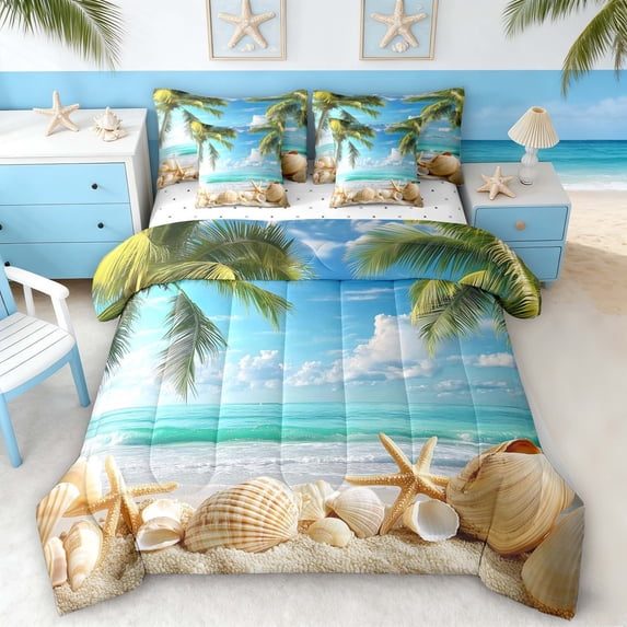 Manfei Beach Seashell Starfish Palm Tree Twin Bedding Sets for Kids Boys and Girls, Marine Life Print Bedding Comforter Set, Reversible 7-Piece