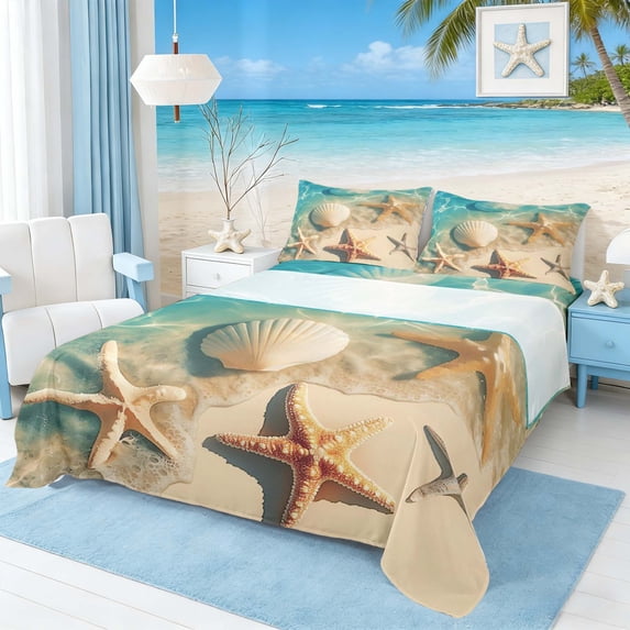 Manfei Beach Seashell Starfish Underwater Full Size Sheets for Kids Boys and Girls, Coastal Ocean Print Bed Sheets 4 Pieces, 1 Flat Sheet, 1 Fitted Sheet and 2 Pillowcases
