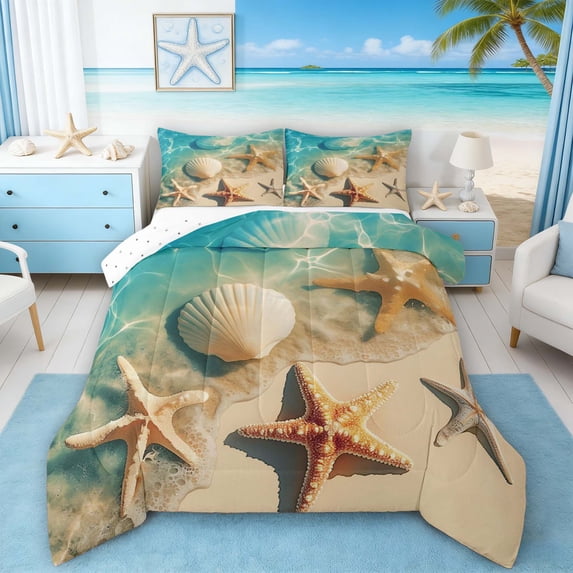 Manfei Beach Seashell Starfish Underwater Queen Comforter Set for Kids Boys and Girls, Coastal Ocean Print Bedding Comforter Set, Reversible 3 Pieces, 1 Comforter and 2 Pillowcases