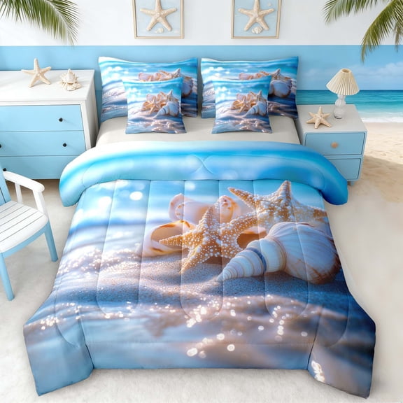 Manfei Beach Starfish Seashell Twin Bedding Sets for Kids Boys and Girls, Coastal Marine Print Bedding Comforter Set, Gray Reversible 7 Pieces