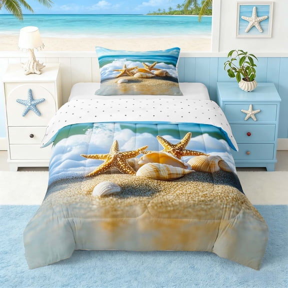 Manfei Beach Starfish Seashell Twin Comforter Sets for Kids Boys and Girls, Coastal Sea Print Bedding Set, Reversible 2pcs, 1 Comforter and 1 Pillowcase