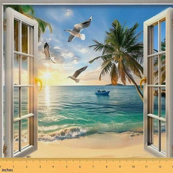 Manfei Beach Theme Fabric by the Yard (1 Yard), Ocean Farmhouse Decorative Fabric by the Yard, Coastal Sea Sewing & Crafting Fabric