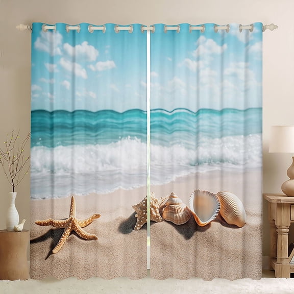Manfei Beach Wave Seashell Starfish Black Out Curtains for Kids Boys and Girls, Coastal Ocean Print Curtains Pack of 2 (42x63 Each)