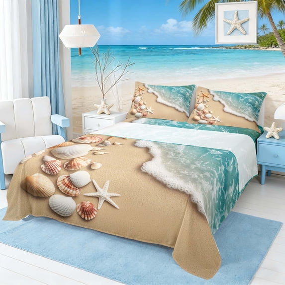 Manfei Beach Wave Seashell Starfish Collection Full Size Sheets for Kids Boys and Girls, Coastal Ocean Print Bed Sheets 4pcs, 1 Flat Sheet, 1 Fitted Sheet and 2 Pillowcases