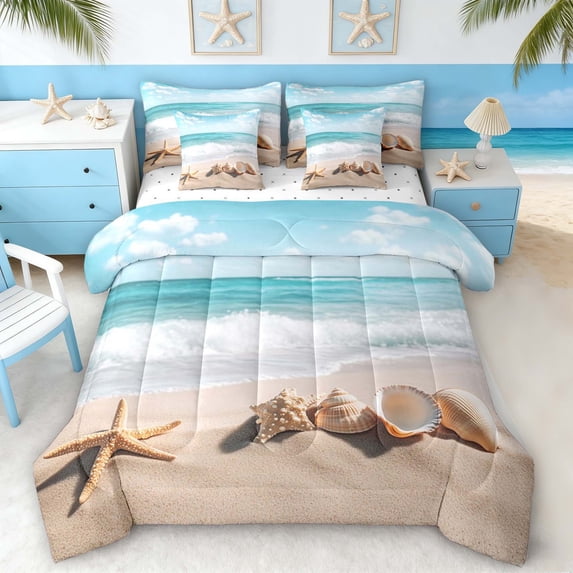 Manfei Beach Wave Seashell Starfish Twin Bedding Sets for Kids Boys and Girls, Coastal Ocean Print Bedding Comforter Set, Reversible 7-Piece