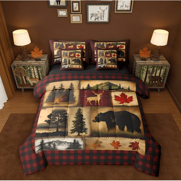 Manfei Bear Cabin Plaid 7-Piece Twin Bedding Sets,Rustic Farmhouse Retro Hunting Deer Bedding Comforter Set,Red Black Brown Reversible