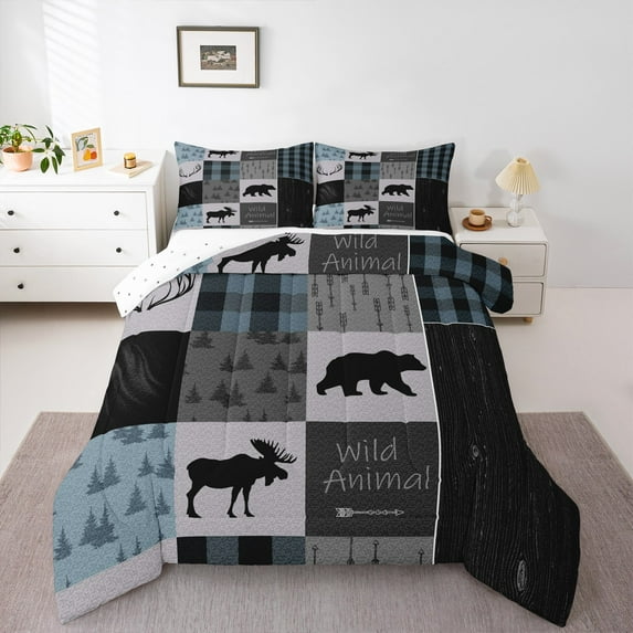 Manfei Bear Deer 2pcs Bedding Comforter Set,Geometric Buffalo Twin Comforter Sets,Woodland Wildlife Bedding Set,Breathable Animal Bedroom Decoration,Reversible