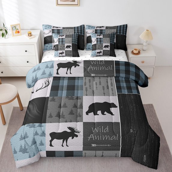 Manfei Bear Deer 7-Piece Bedding Comforter Set,Geometric Buffalo King Bedding Sets,Woodland Wildlife Ultra Soft Bed Sheets,Breathable Animal Bedroom Decoration,Reversible