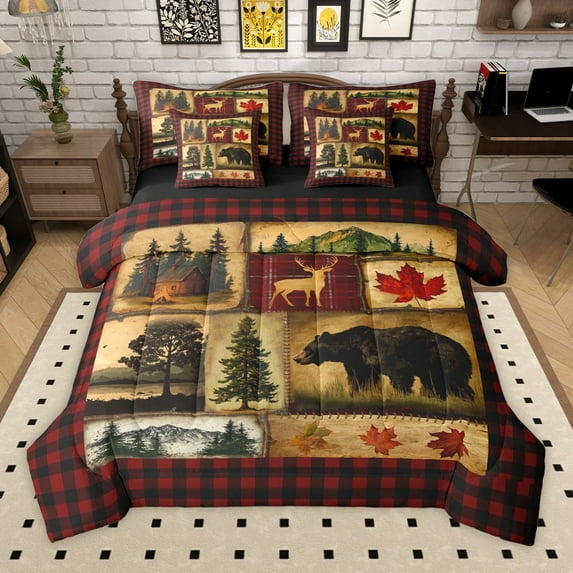 Manfei Bear Deer Boy Girl 7-Piece Twin Bedding Sets,Jungle Woodland Animal Bedding Comforter Set,Geometric Plaid Grid Breathable Sheet Sets,Breathable Home Decor,Reversible