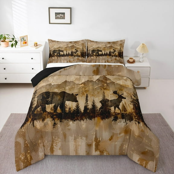 Manfei Bear Elk Moose Queen Comforter Set,Jungle Wildlife Bedding Sets,Mountain Pine Bedding Comforter Set,Lightweight Bedroom Decor Reversible,3pcs