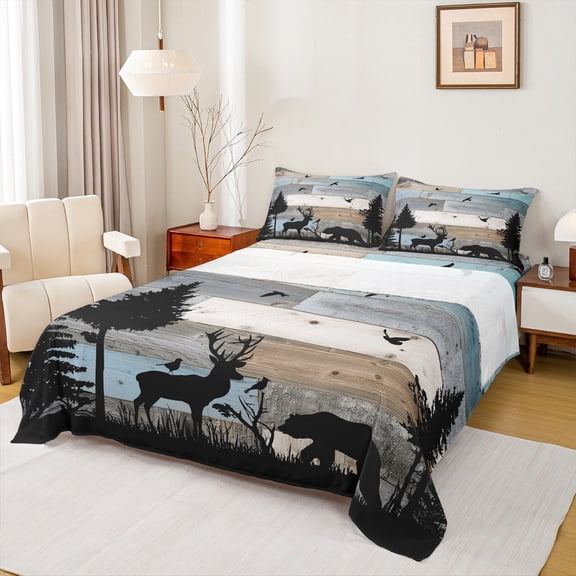 Manfei Bear Moose Deer Full Size Sheets 4-Piece, Animal Wildlife Bed Sheets, Rustic Old Barn Door Sheet Sets, Ultra Soft Home Decor