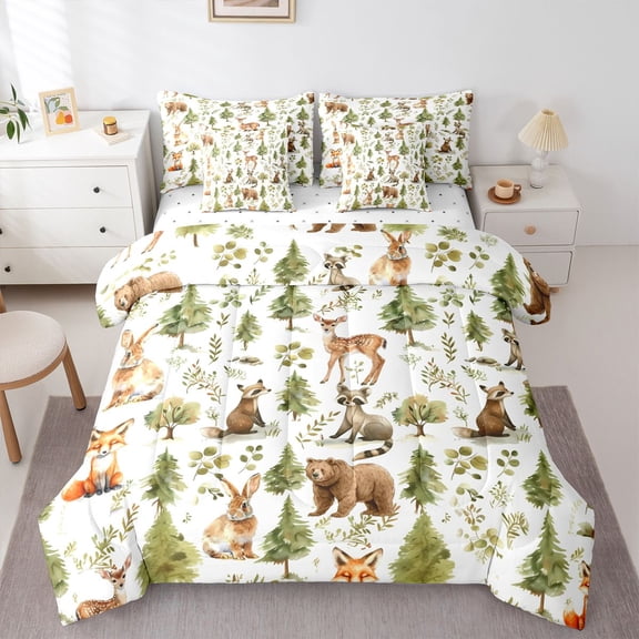 Manfei Bear Rabbit Fox Bedding Comforter Set 7pcs for Children Teens,Jungle Animal Queen Bedding Sets Super Cozy,Woodland Wildlife Queen Sheet Sets,Breathable Home Decor,Reversible