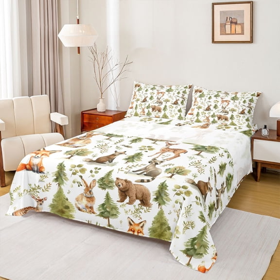 Manfei Bear Rabbit Fox Twin Sheet Sets 3pcs for Children Teens,Jungle Animal Twin Fitted Sheet Microfiber,Woodland Wildlife Breathable Flat Sheet,Breathable Home Decor