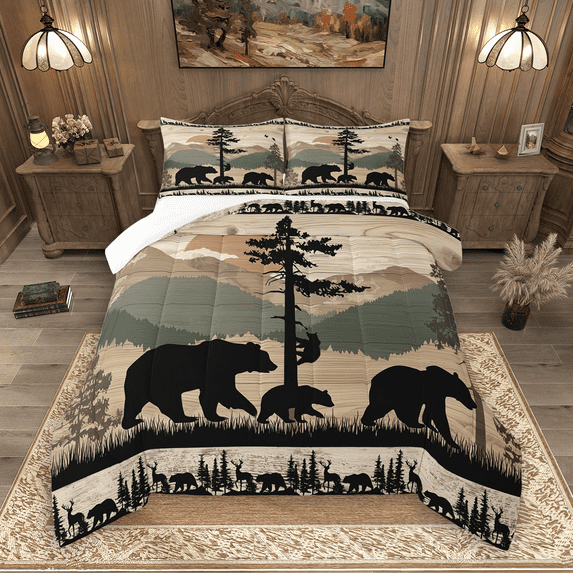 Manfei Bear Silhouette Queen Comforter Set 3 Pieces, Minimalist Nature Bedding Sets, Jungle Wildlife Bedding Comforter Set, Luxury Bedroom Decor