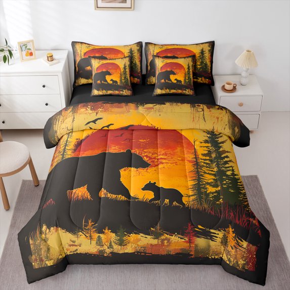 Manfei Bear Slihouette 7-Piece Twin Bedding Sets,Jungle Animal Bedding Comforter Set,Orange Sunset Sheet Sets For Boys Girls,Luxury Bedroom Decor Reversible