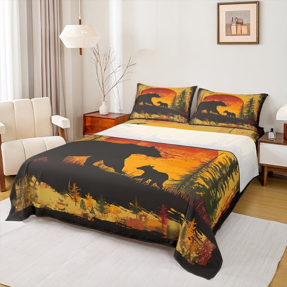 Manfei Bear Slihouette Bed Sheets,Jungle Animal King Sheets,Orange Sunset Sheet Set For Boys Girls,Luxury Bedroom Decor,4pcs