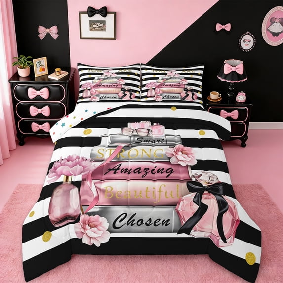 Manfei Beautiful Bowtie Perfume Queen Comforter Set,Romance Floral Flower Bedding Sets,Black Geometric Stripes Bedding Comforter Set For Child,Microfiber Bedroom Decor Reversible,3-Piece