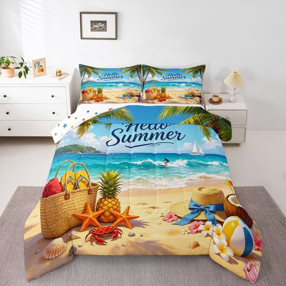 Manfei Beautiful Sea Beach Full Size Comforter Sets,Cool Surfing Bedding Comforter Set,Blue Yellow,Polkadot Reversible,3-Piece,1 Comforter and 2 Pillowcases