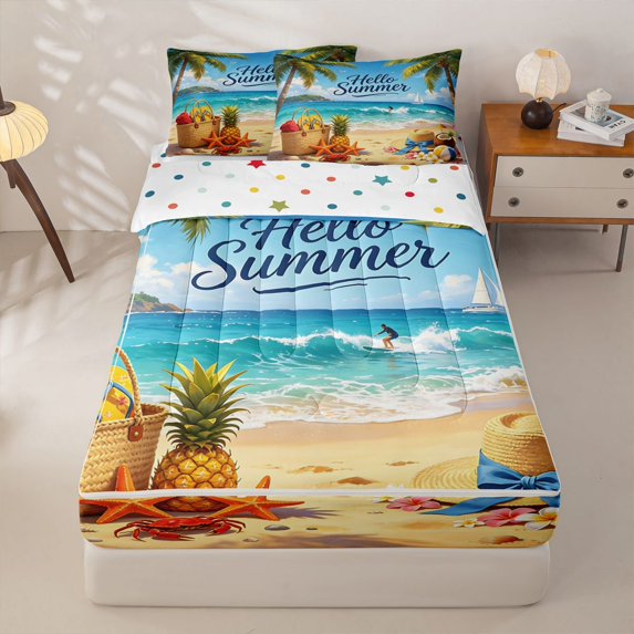Manfei Beautiful Sea Beach Zipper Twin Comforter Sets with Fitted Sheet and 2 Pillowcases,Cool Surfing Zipper Bedding Set,Blue Yellow,Polkadot Reversible,4pcs