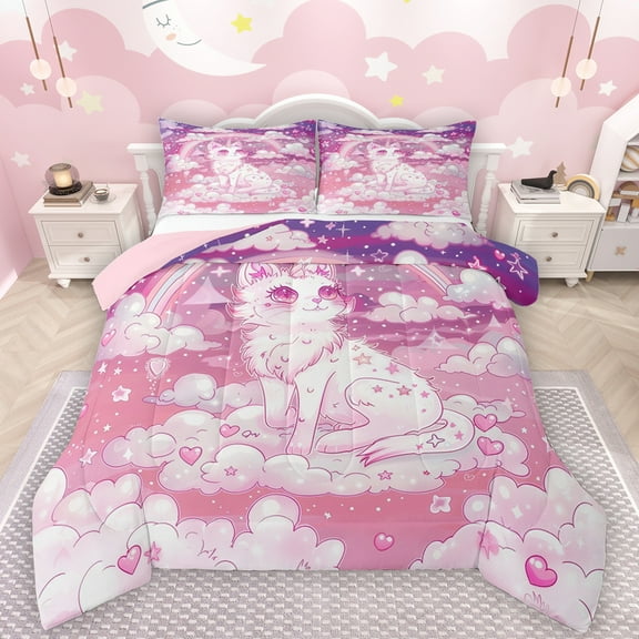 Manfei Beauty Cat Queen Comforter Set,Pink Kitten Bedding Sets,Cartoon Loves Rainbow Bedding Comforter Set For Girl,Super Cozy Room Decor Reversible,3-Piece