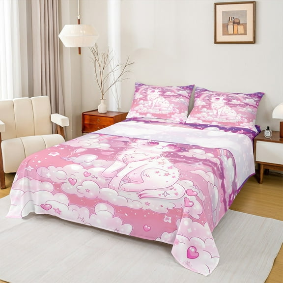 Manfei Beauty Cat Twin Sheet Sets,Pink Kitten Twin Fitted Sheet,Cartoon Loves Rainbow Flat Sheet For Girl,Super Cozy Room Decor,3 Pieces