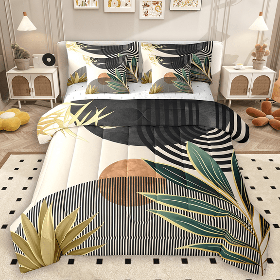 Manfei Beige Black Green Minimalist Bedding Comforter Set 7pcs, Contemporary Geometric King Bedding Sets, Leaves Sun Print Bed Sheets, Luxury Bedroom Decor