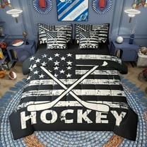 Manfei Bice Hockey Game 7-Piece Twin Bedding Sets,Ball Sport Bedding Comforter Set,Vintage American Flag Sheet Sets For Girls Kids,Super Cozy Room Decor Reversible
