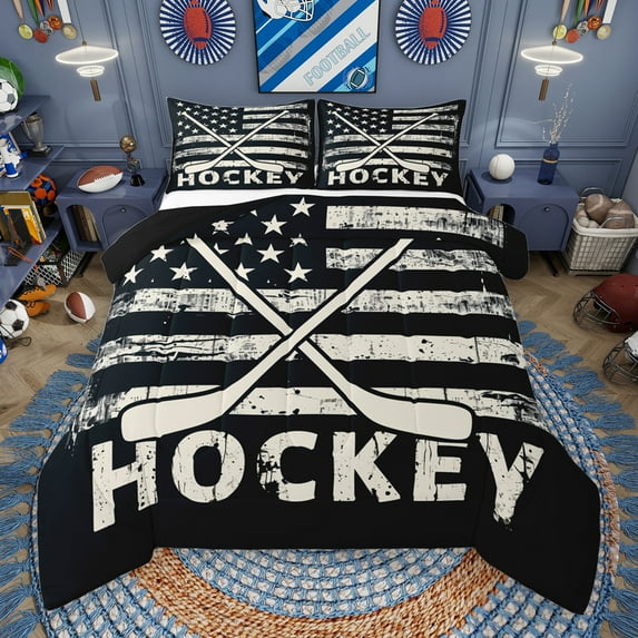 Manfei Bice Hockey Game Bedding Comforter Set,Ball Sport Twin Comforter Sets,Vintage American Flag Bedding Set For Girls Kids,Super Cozy Room Decor Reversible,2pcs