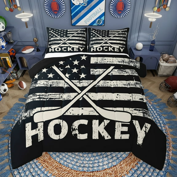 Manfei Bice Hockey Game Bedding Comforter Set,Ball Sport Twin Comforter Sets,Vintage American Flag Bedding Set For Girls Kids,Super Cozy Room Decor Reversible,2pcs