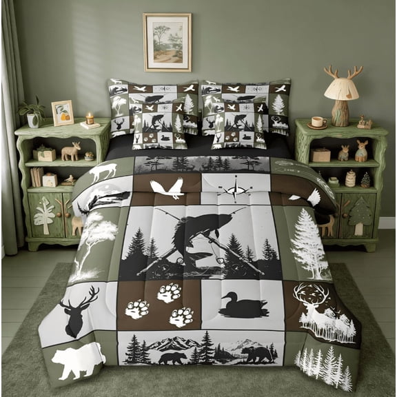 Manfei Big Pike Fish Hunting 7-Piece Bedding Comforter Set For Boys,Duck Deer Hunter And Fishing Themed King Bedding Sets Rustic Camping Home Decor Reversible
