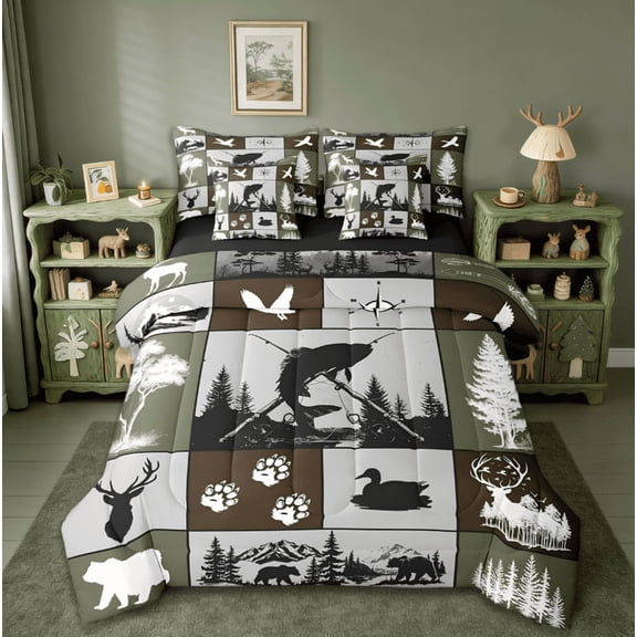 Manfei Big Pike Fish Hunting 7pcs Bedding Comforter Set For Boys,Duck Deer Hunter And Fishing Themed Queen Bedding Sets Rustic Camping Home Decor Reversible