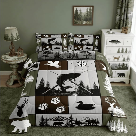 Manfei Big Pike Fish Hunting Twin Comforter Sets For Boys, Duck Deer Hunter And Fishing Themed Bedding Set Rustic Camping Home Decor Reversible 2 Pieces