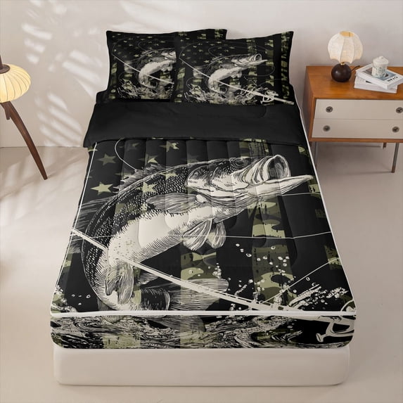 Manfei Big Pike Fish Zipper Queen Comforter Set with Fitted Sheet and 2 Pillowcases,Hunting And Fishing Zipper Bedding Set,Us Flag Decor,Black Reversible,4pcs