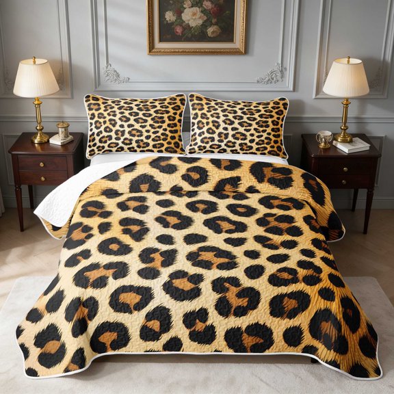 Manfei Big Rosette Leopard Quilt Full, Spotted Jungle Cat Full Bedspread Sets, 3pcs 1 Coverlet and 2 Pillowcases