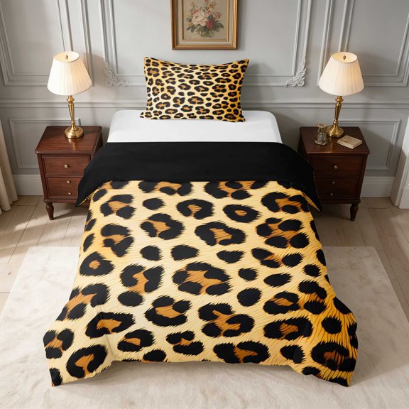 Manfei Big Rosette Leopard Twin Duvet Cover, Spotted Jungle Cat Twin Bedding, Black Reversible 2 Pieces 1 Duvet Cover and 1 Pillowcase